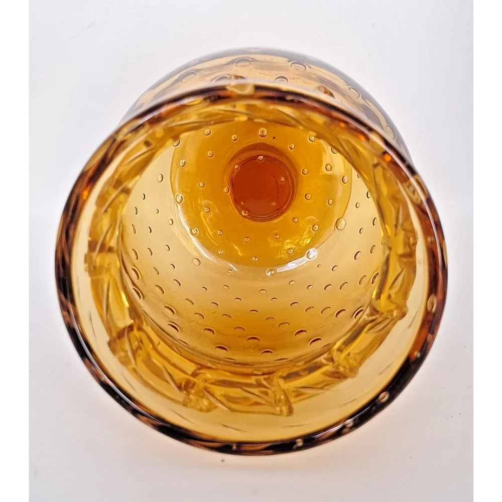 Vintage Amber Controlled Bubble Art Glass Pedestal Vase Applied Rigaree 1960s